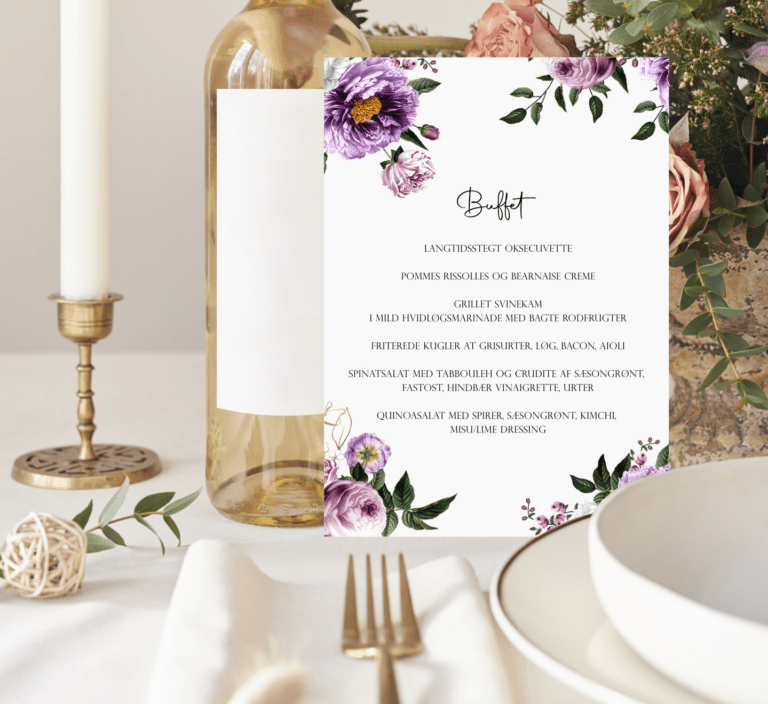 menukort i træ og akryl til bordet bloom purple konfirmation hvid akryl